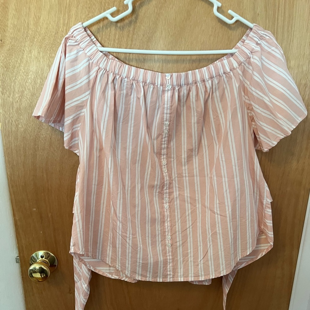 BP. off the shoulder pink and white striped summer top